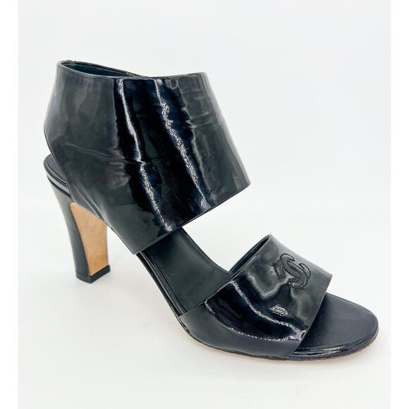 CHANEL Black Patent Leather CC Logo Open Toe Ankle Strap Sandals Size EU… - Picture 3 of 13
